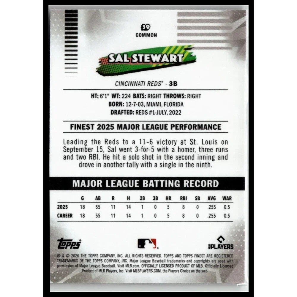 2026 Finest Sal Stewart Common Base Rookie RC Reds